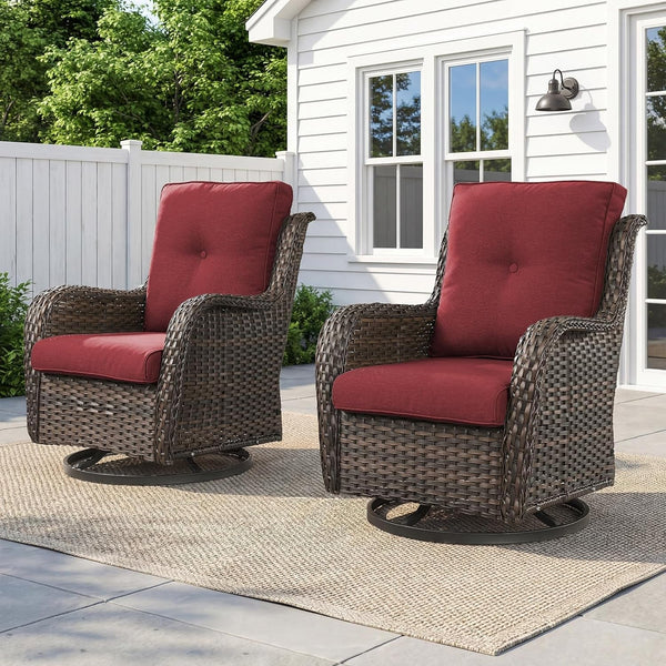 Outdoor Swivel Chairs Set of 2,Patio Wicker Rocker Chairs,All Weather Patio Conversation Furniture Set, Ideal for Porch Balcony Deck Yard, Brown Wicker/Red1