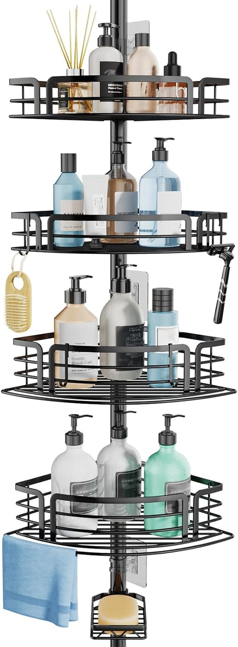 corner-shower-caddy-tension-pole-rustproof-shower-shelves-with-towel-bar-soap-holder-adjustable-bath-organizer-for-bathroom-storage-27-6-108-3-inch-black