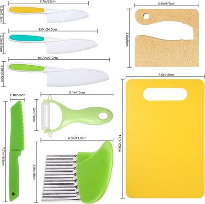 8 Pcs Wooden Kitchen Knife Set for Kids - Includes Safe Knives, Serrated Plastic Knives, Potato Slicers, Sandwich Cutter, Peeler and Cutting Board4