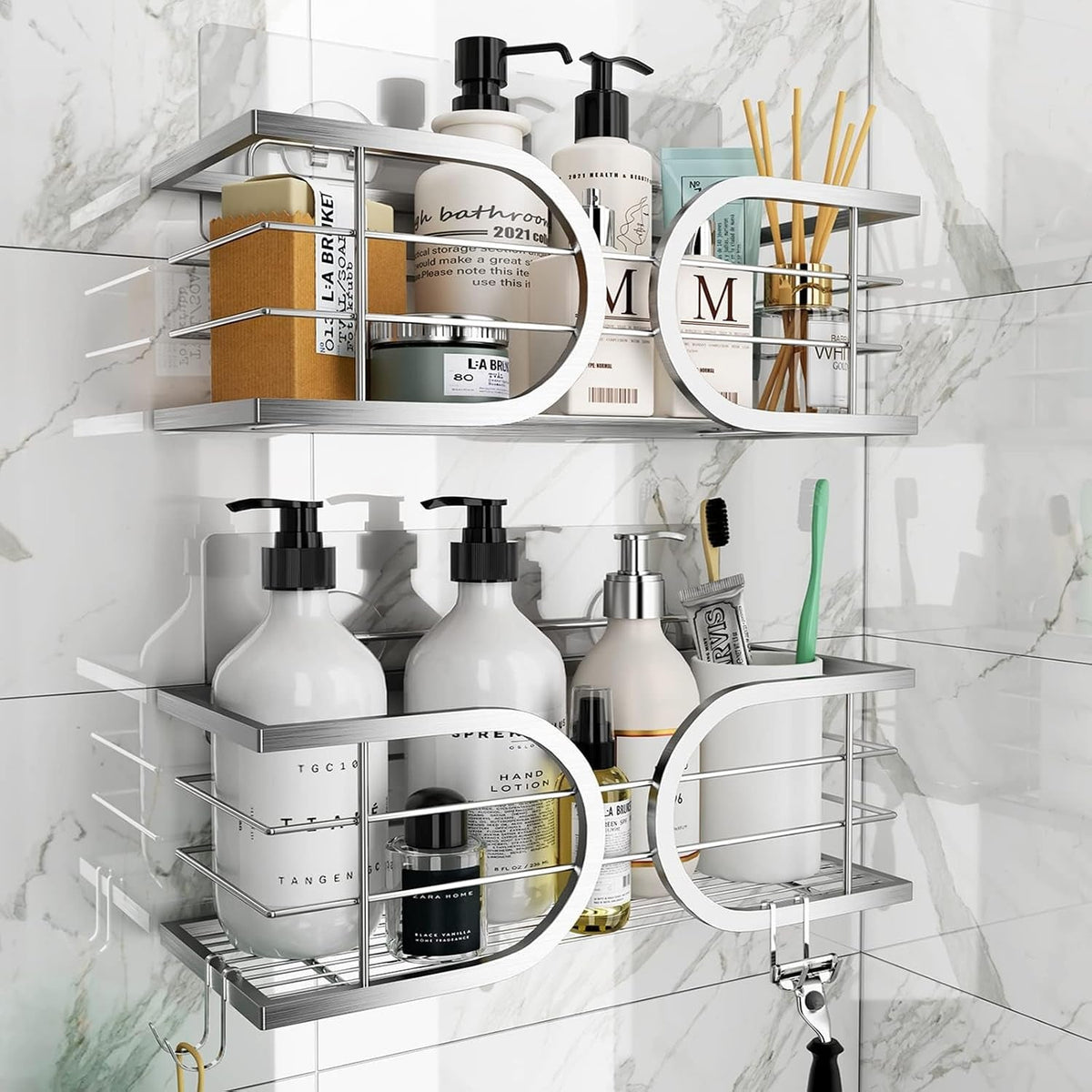 shower-caddy-no-drill-wall-mounted-304-stainless-steel-durable-large-capacity-adhesive-shower-rack-organiser-quick-dry-rustproof-bathroom-storage-shelves-2-pack-silver