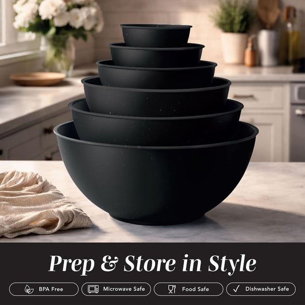 Mixing Bowls with TPR Lids - 12 Piece Plastic Nesting Bowls Set Includes 6 Prep Bowls and 6 Lids, Microwave Safe (Speckled Black)3