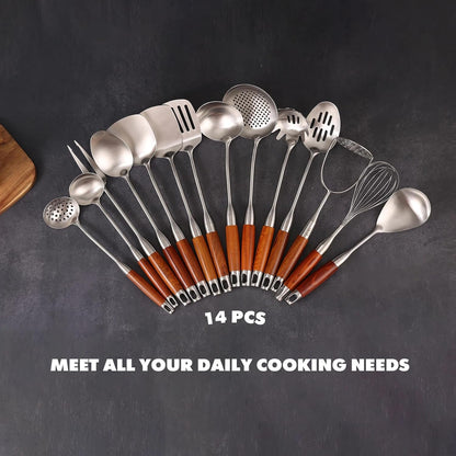 15” Metal Kitchen Utensils Set with Roosewood Handle - 18/10 Stainless Steel Cooking Utensils, 14 PCS Large & Small Spoons Set - Whisk, Masher, Fork, Spatula, Turner, Ladle, Skimmer, Pasta6