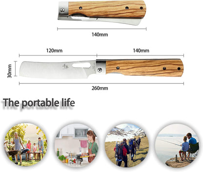 440A Stainless Steel Ultra Sharp Pocket Folding Chef Knife Peeling Utility Knife Fruit Knife Natural Olive Handle Camping BBQ Trip Outdoor Portable Kitchen Knife2