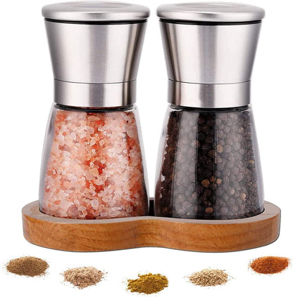 Salt and Pepper Grinder Set with Wooden Standing Tray, Refillable Pepper Mill Set - Brushed Stainless Steel - Short Glass Shakers with Adjustable Coarseness for Peppercorn, Salt or Spice Mills1