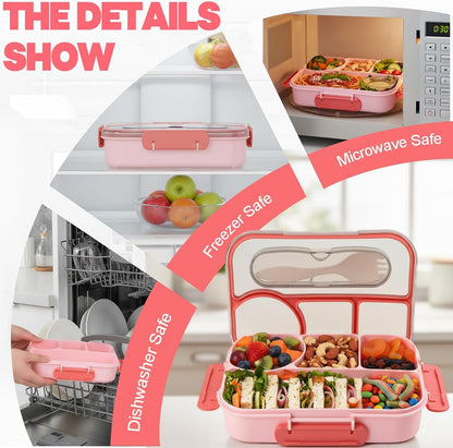 Bento Box for Adults,4 Compartments Lunch Box, Snack Containers Reusable Lunch Containers Drop-Proof, Dishwasher Safe & Made with Bpa-Free Materials, Pink6