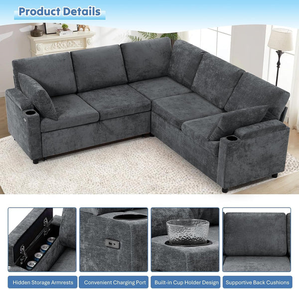 85" Chenille Sectional Sofa W/Pull Out Bed & Storage Space, Grey5
