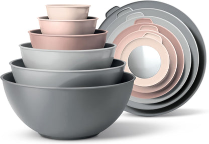 Mixing Bowls with TPR Lids - 12 Piece Plastic Nesting Bowls Set Includes 6 Prep Bowls and 6 Lids, Microwave Safe Mixing Bowl Set (Pink Ombre)1