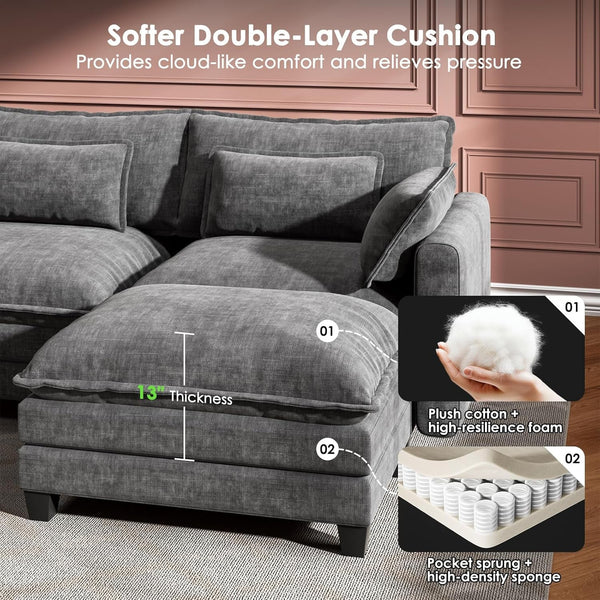 Modular Sectional Sofa 110.6" U-Shaped Modern Comfy Cloud Couch, 5-Seat Chenille Deep Seat Sofa with Throw Pillow & Movable Ottoman for Living Room, Bedroom and Apartment, Slate Gray3