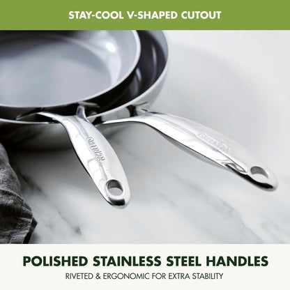 Valencia Pro Tri-Ply Stainless Steel 8” & 10” Frying Pan Skillet Set, Pfas-Free Ceramic Nonstick Coating, Induction Ready Cookware, All Cooktops, Eggs & Omelets, Dishwasher & Oven Safe 600F7