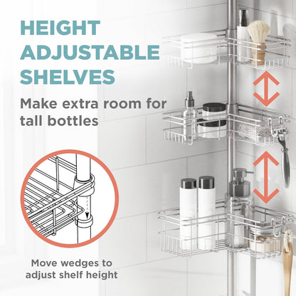 Tension Pole Shower Caddy Corner Organizer, Adjustable Standing Shower Caddy with 4 L-Shaped Baskets and Hooks, Rust Resistant Bathroom Tension Rod Organizer, 60 to 97 Inch, Satin Nickel4