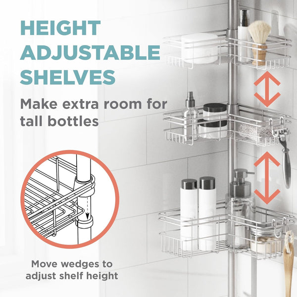 Tension Pole Shower Caddy Corner Organizer, Adjustable Standing Shower Caddy with 4 L-Shaped Baskets and Hooks, Rust Resistant Bathroom Tension Rod Organizer, 60 to 97 Inch, Satin Nickel4