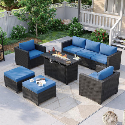 Patio Furniture Set with Fire Pit Table, 6 Piece Outdoor Furniture Set with Wicker Ottomans, Rattan Outdoor Sectional Sofa with Thickened Cushion & Waterproof Cover Navy Blue1