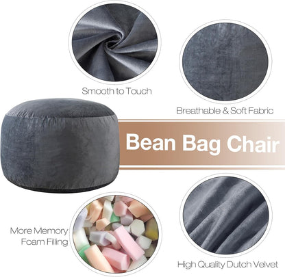 3 Ft Bean Bag Chair,Bean Bag Chairs for Living Room,3 Foot,Dark Grey | Bean Bag Chairs for Adults,Memory Foam Filling,Beanbag with Filler Included,Soft Velvet Cover,Pocket & Pull-Handle2