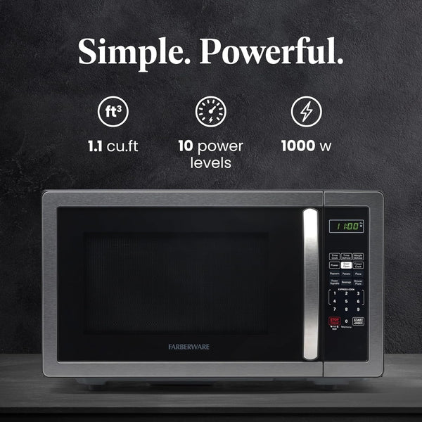 1.1 Cu. Ft. Countertop Microwave Oven – 1000 Watts Power, Auto Cook Settings, Defrost, Easy Clean and Child Safety Lock - Stainless2