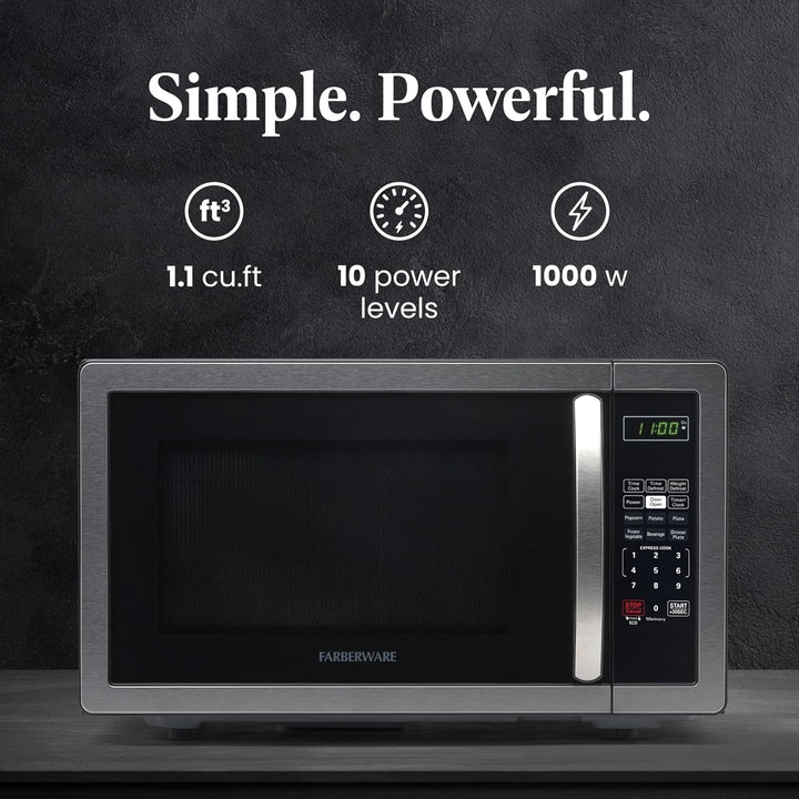1.1 Cu. Ft. Countertop Microwave Oven – 1000 Watts Power, Auto Cook Settings, Defrost, Easy Clean and Child Safety Lock - Stainless+2