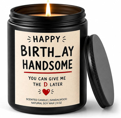 Funny Birthday Gifts for Husband, Boyfriend, Sandalwood Amber Soy Wax Candle for Him, Cheeky Birthday Gift for Men, 9 Oz Black Jar Candle1