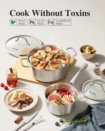 Stainless Steel Cookware Set,Tir-Ply Pots and Pans Set,10 Pcs Stainless Steel Induction Kitchen Cookware Sets,Pfoa Free, Frying Pans, Butter Warmer,Saute Pan & Stock Pot,Compatible with All Cooktops2