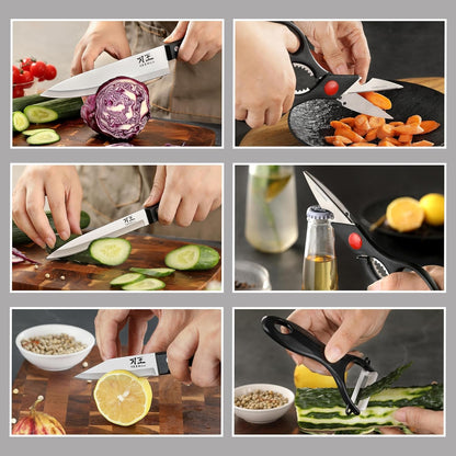 5 Pieces Kitchen Knife Set, Knife Set without Block with Sheathes, Stainless Steel Sharp Blade and Comfortable Handle, Chef Knife Set with Kitchen Scissors and Peeler for Cooking4