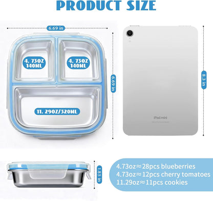 Stainless Steel Snack Containers, 3 Compartments Reusable on and Go Bento Box with Lids for Kids, Lunch Box Pre Meal Storage for Daycare School Outdoor Camping Travel - Blue2
