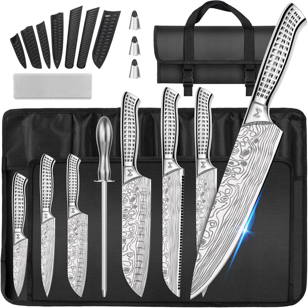 12PCS Portable Kitchen Knife Set, High Carbon Stainless Steel Professional Chef Knife Set with Sharpener & Oxford Roll Bag, Suitable for Home, Outdoor Travel, Camping and BBQ1