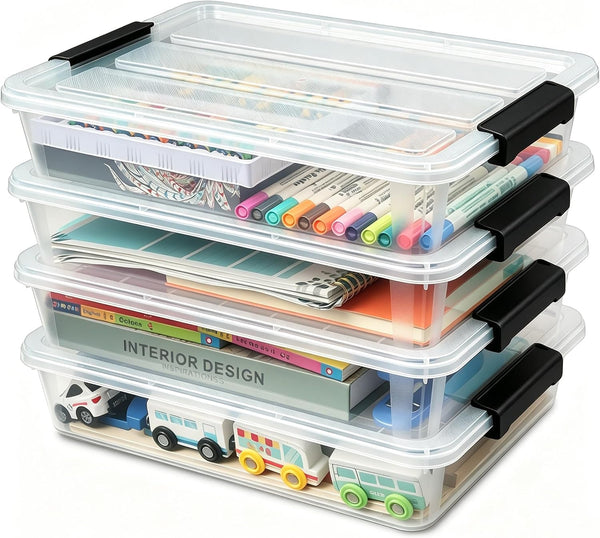4 Pack Clear Storage Bins with Lids, Stackable A4 & US Letter File Box Organizers, Craft Storage Bins and Sensory Bins for Classroom, Kids Art Supplies, Documents and Projects, Black Latches1