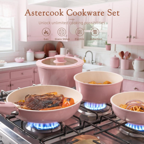 21 Pcs Pots and Pans Set Non Stick, Ceramic Cookware Set Detachable Handle, RV Kitchen Cooking Set Removable Handles, Oven Safe, Induction Ready, Stackable, Pink, Fathers Day Gift for Men2