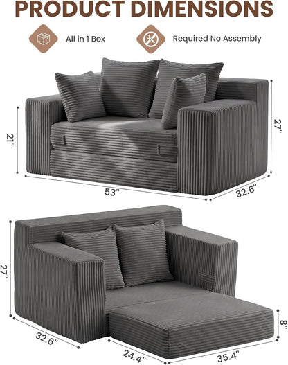 Boneless Mini Couch 53 Inch, 3-In-1 Gray Boneless Couches Covertible Sofa Bed with 4 Pillows, Small Couches for Living Room, Bedroom, Small Space2