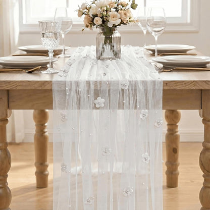 Flower Pearl White Gauze Table Runner 10FT, Seasonal Sheer Dining Holiday Wedding Birthday Baby Shower Table Decor for Home Party2