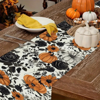 Halloween Black Rose Pumpkin Table Runner 13X90 Inch Linen Flower Thanksgiving Table Decor for Holiday Party Dinning Kitchen Decoration3