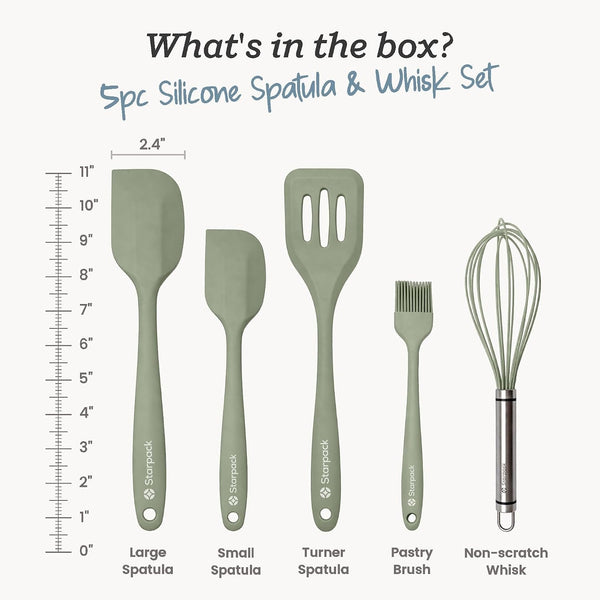 Starpack Flip and Whip Silicone Baking Utensils Set (5-Piece) - LFGB Non Toxic, 600°F Heat Resistant, Bpa-Free - Whisk and Rubber Spatula Set with Pastry Brush - Dishwasher Safe, Nonstick Sage Green3