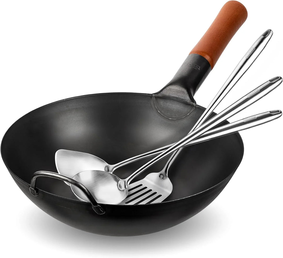 carbon-steel-11-8-stir-fry-wok-pan-pre-seasoned-chinese-wok-with-flat-bottom-black-wok-for-induction-gas-stovetops-17-wok-spatula-and-ladle-and-turner-spatula-stainless-stee