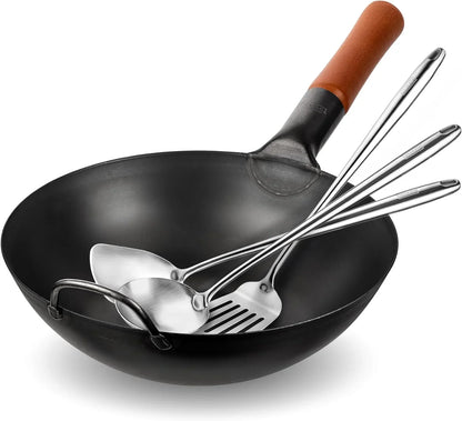 Carbon Steel 11.8" Stir Fry Wok Pan - Pre-Seasoned Chinese Wok with Flat Bottom, Black Wok for Induction Gas Stovetops + 17" Wok Spatula and Ladle and Turner Spatula - Stainless Stee1