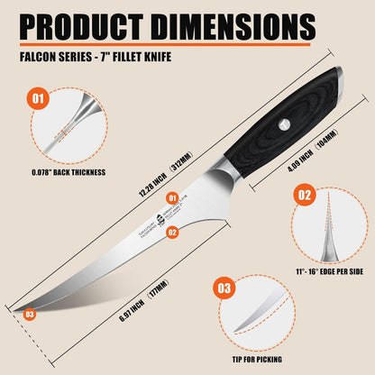 Falcon Series 7-Inch Fillet Knife, Flexible German Steel Blade3