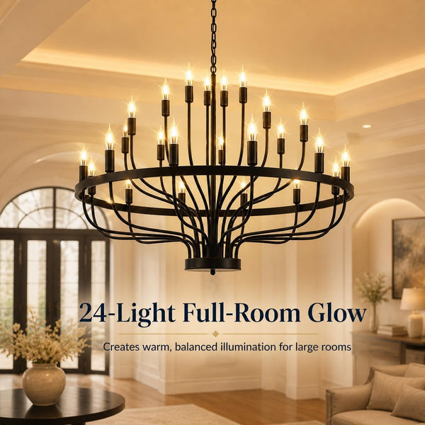 Large Black Wagon Wheel Chandelier 24-Light 39In for High Ceilings4