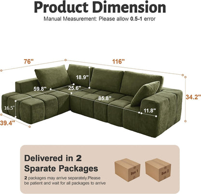 116" Modular Boneless Couch for Living Room, Modern Sectional Chenille Sofa with Oversized Deep Seat,Cloud Couch with L-Shape Chaise,No Assembly Required,Green2