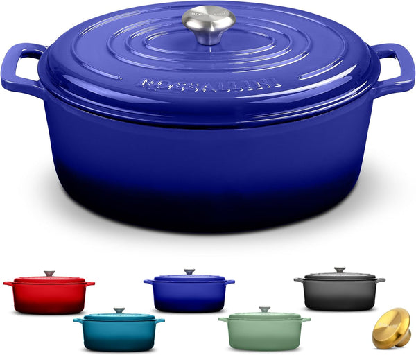 Signature Enameled Cast Iron Oval Dutch Oven | Non-Stick Serving Pot with Tight Fitting Lid for Perfect Roasting, Baking, Sauteing, and Bread Making | 5Q [Indigo Blue]1