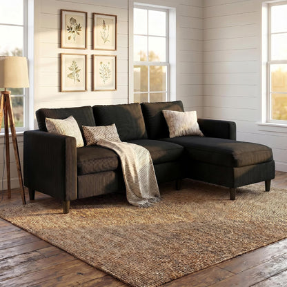 L-Shaped Sectional Sofa, Sectional Couches with Reversible Ottoma, 3-Seat Small Couch, Modern Ribbed Fabric Sofa for Living Room Apartment, Compact Comfy Upholstered Couch, Matte Black2