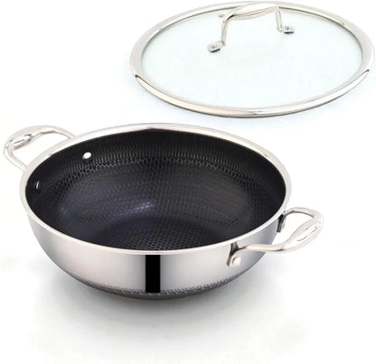Stainless Steel Wok 32 Cm/6.5 L with Glass Lid – Kadai with Two Ear Handles – Hybrid Honeycomb Nonstick, Pfoa-Free, EU Approved – Stay-Cool Handles – Induction, Oven & Dishwasher Safe Cookware1