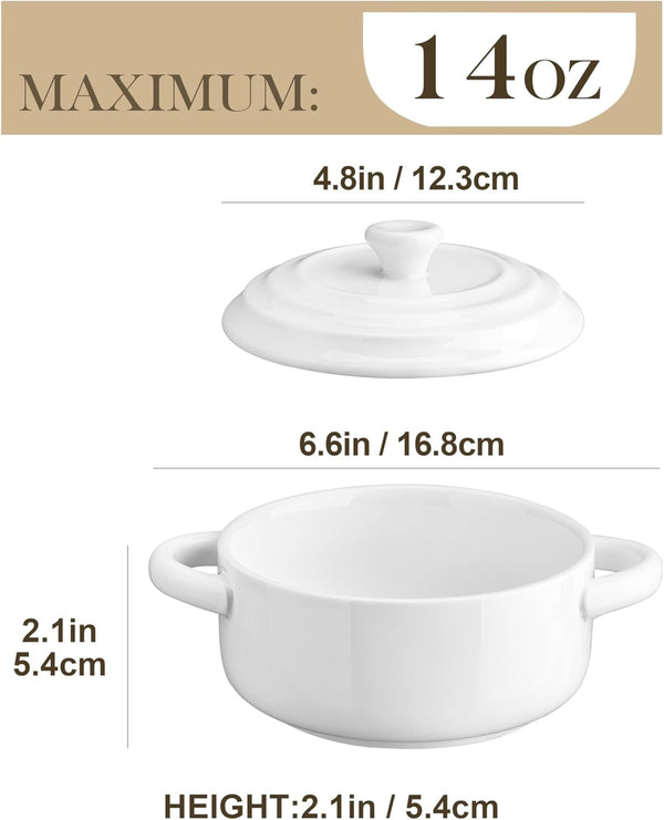 Mini Cocotte Set of 4, 14 OZ Ceramic Casserole Dishes with Lids | Single Serving Small Dutch Oven Set, Lasagna, Soufflé, French Onion Soup, Pudding, Oven, Dishwasher Safe with Handles, White2