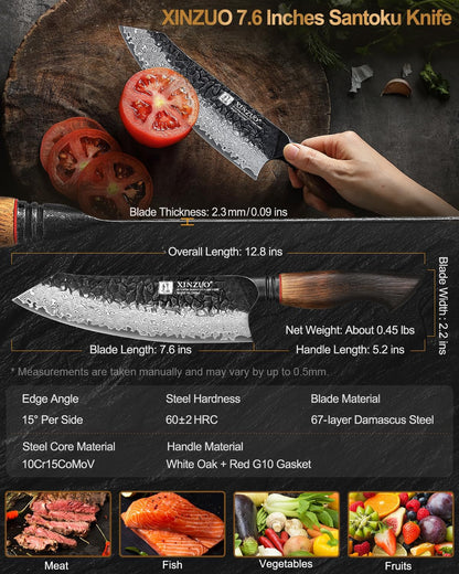 7.6 Inch Sharp Damascus Santoku Knife,Professional 67 Layers Damascus Steel Kitchen Meat Knife for Home and Kitchen,10Cr15Comov Steel Core,With White Oak + Red G10 Gasket Handle3