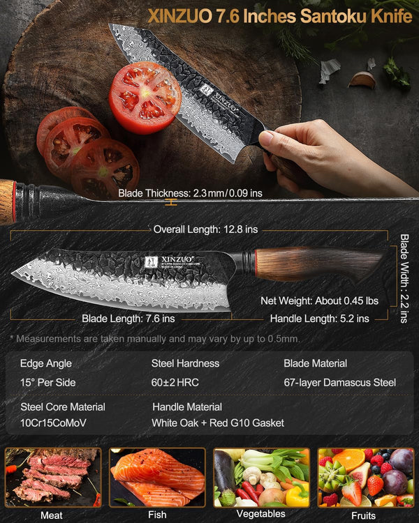 7.6 Inch Sharp Damascus Santoku Knife,Professional 67 Layers Damascus Steel Kitchen Meat Knife for Home and Kitchen,10Cr15Comov Steel Core,With White Oak + Red G10 Gasket Handle3