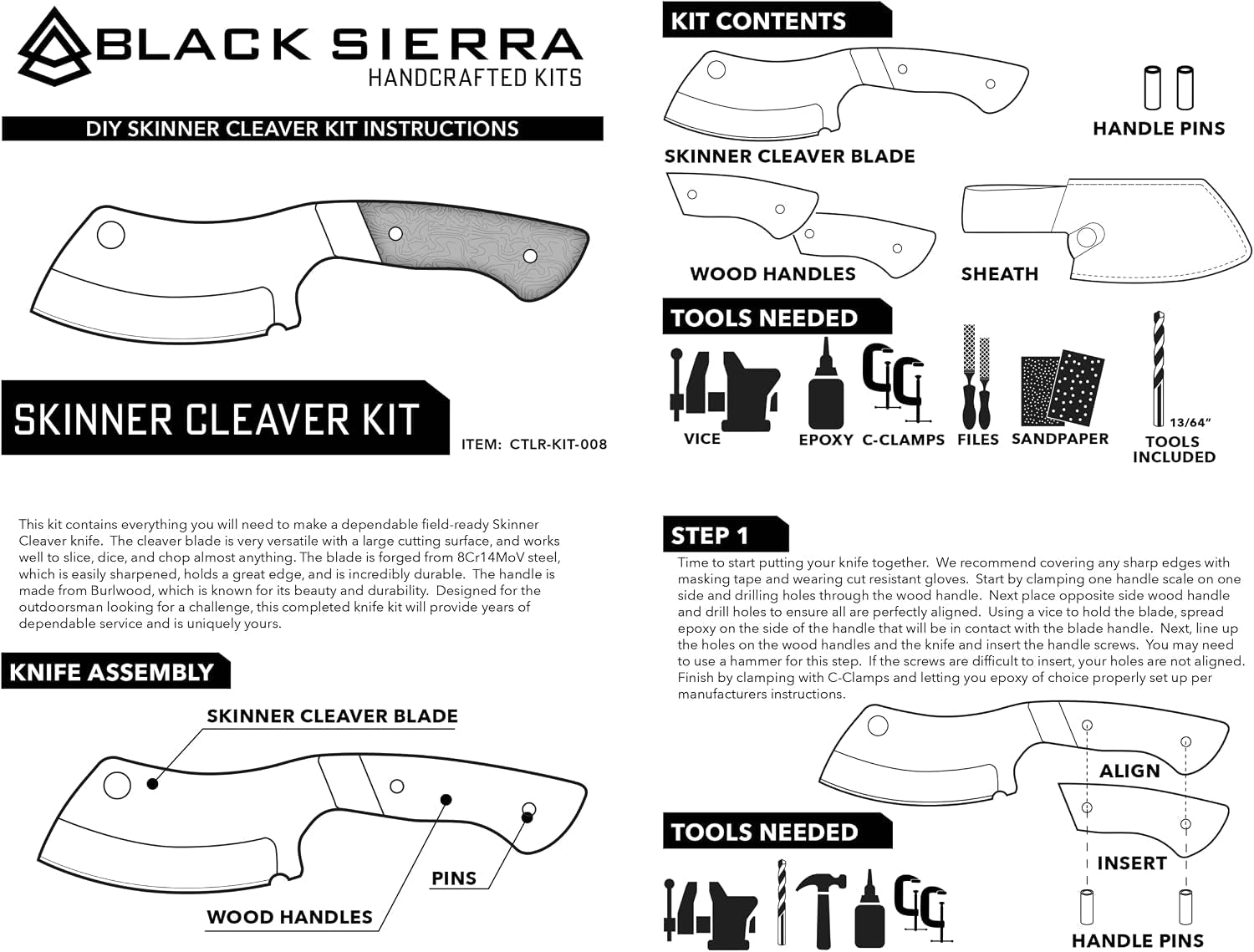 black-sierra-skinner-cleaver-knife-building-kit-fixed-stainless-steel-blade-with-leather-sheath-hobbyist-chef-cutlery-carbon-steel-cutlery-meat-cutting-blade-diy-knife-making-supplies