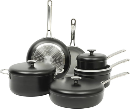 Sur La Table Kitchen Essentials Potluck Porch 10 Piece PFA Free Ceramic Non Stick Interior Forged Aluminum Cookware Pots and Pans Set W/Aluminum Lids - Black - Induction Compatible1