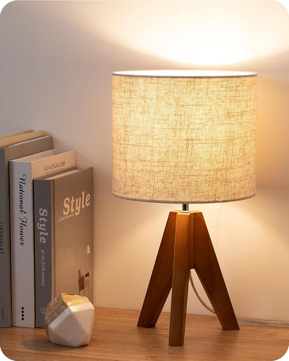 Tripod Table Lamp, Small Cute Bedside Lamp, 14.2 Inch, E26 Base | Light Brown Wooden Base, Linen Beige Lampshade, Nightstand Lamp for Nursery, Bedroom, Kid Room, Living Room1