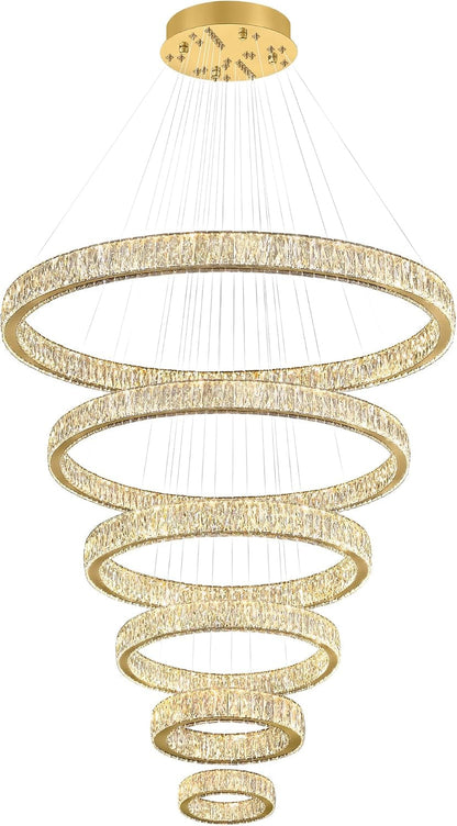 Extra Large Ring Chandelier Modern LED Gold 6 Ring Chandelier for High Ceiling Long Stair Crystal Chandeliers D8+15.7"+23.6"+31.5"+39.4"+47.5"8