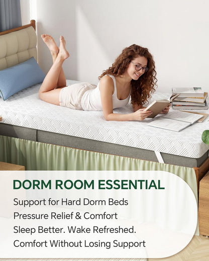 College Dorm Room Essential Twin XL Memory Foam Mattress Topper Pad | 3 Inch Memory Foam Mattress Pad, Firm Support for Hard Dorm Beds, Pressure Relief, Dualside, Spinal Align, Nonslip, Removable3