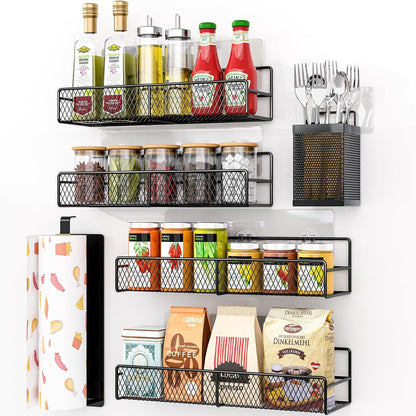 Spice Rack Wall Mounted 6 Pack: 100% Metal & Strong Adhesive Spice Organization for Kitchen Cabinet/Pantry Door, No Drill Hanging Seasoning Organizer with Paper Towel Holder, Utensil Caddy1