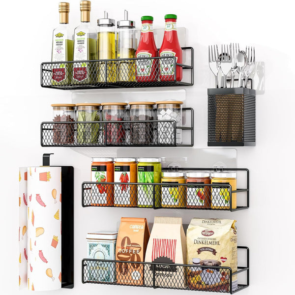 Spice Rack Wall Mounted 6 Pack: 100% Metal & Strong Adhesive Spice Organization for Kitchen Cabinet/Pantry Door, No Drill Hanging Seasoning Organizer with Paper Towel Holder, Utensil Caddy1