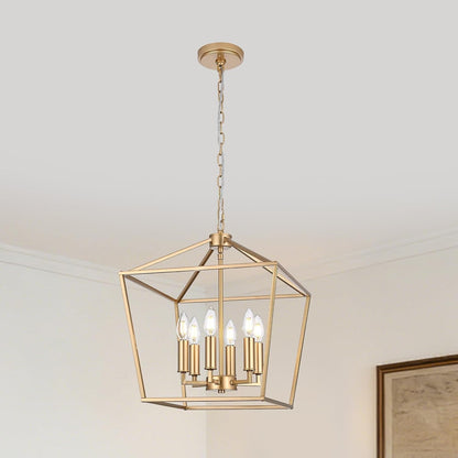 6-Light Gold Chandelier，Modern Ceiling Light Farmhouse Lantern Light Fixtures with Industrial Metal Cage Adjustable Height Kitchen Chandelier for Entryway Hallway Foyer Bedroom1