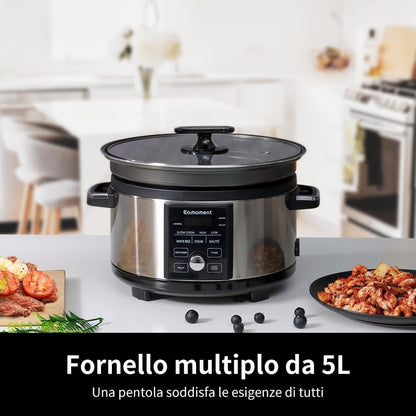 5.5QT Programmable Slow Cooker with Timer,Non Stick Aluminum Alloy Liner.Slow COOK HIGH/SLOW COOK LOW/WHITE Rice/Steam/Saute/Warm/Delay,And Other Practical Functions2
